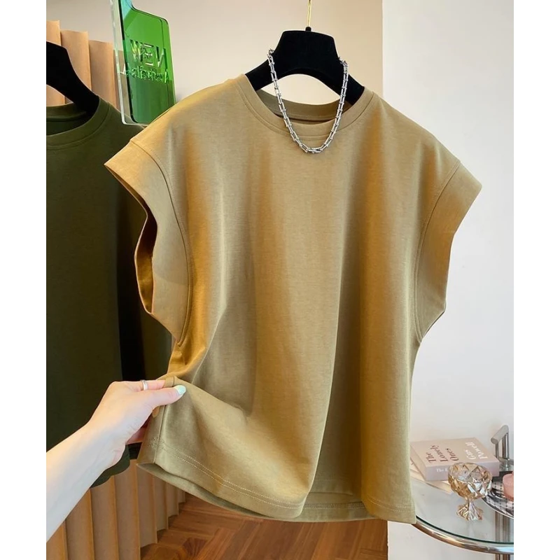 8105韩系设计感小众飞飞袖t恤女短袖棉布无袖体恤落肩袖上衣夏季