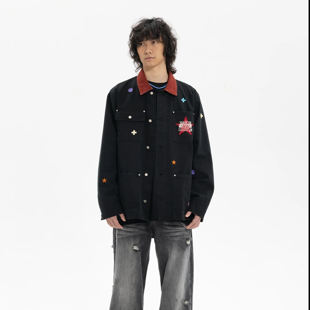 蛇年限定刺绣工装夹克时尚街头水洗春季秋季休闲复古潮流宽松