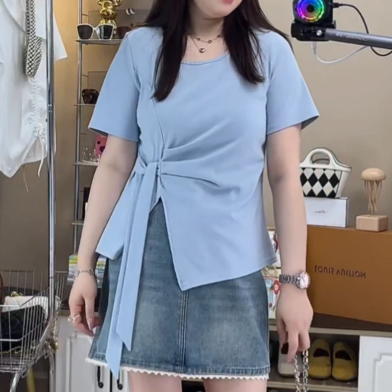 2025新款夏季女法式圆领不规则绑带别致百搭显瘦短袖T恤LK2502973