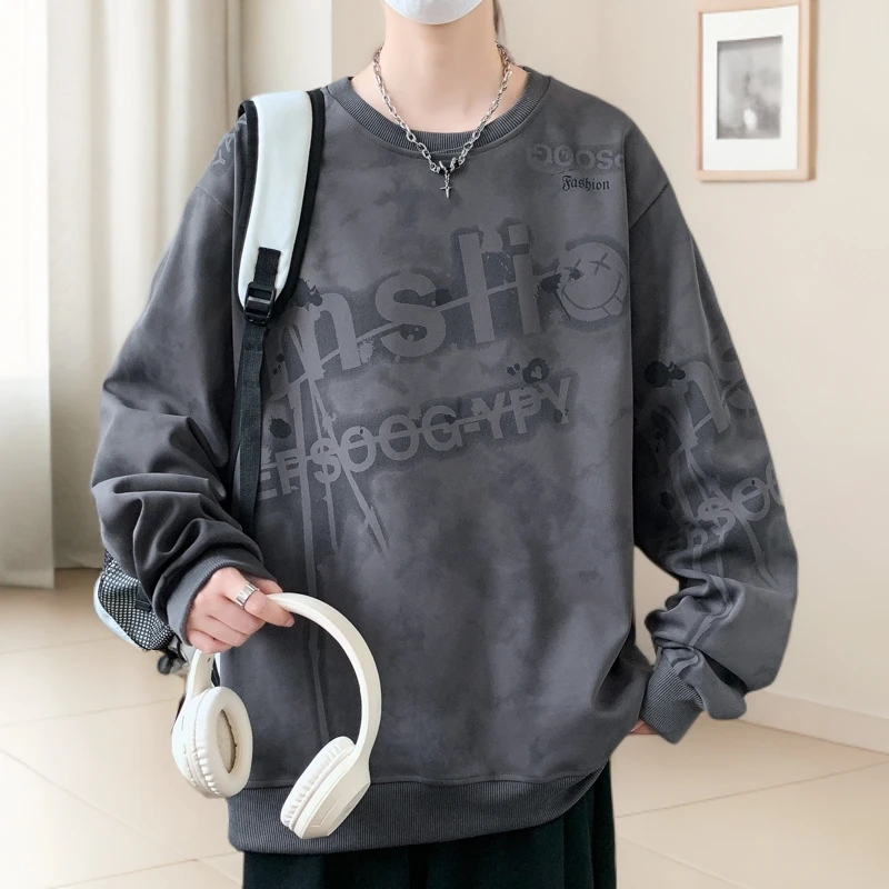 圆领卫衣男春秋休闲宽松长袖时尚潮流青少年帅气百搭上衣美式套头