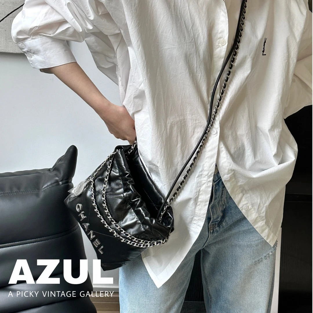 99新 Chanel/香奈儿 Azul-23S黑银牛皮22bagmini单肩包39560