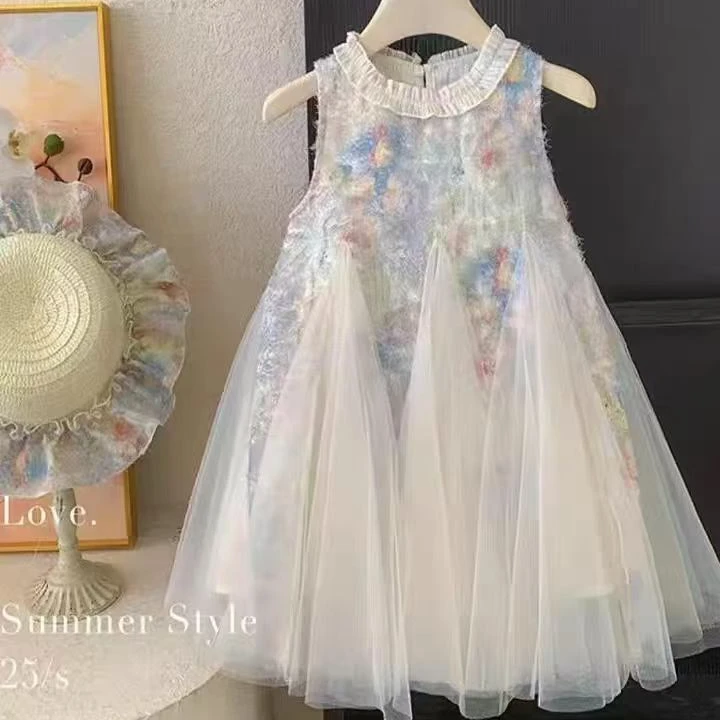 现货【彩云】SC295女童夏季新中式花边网纱公主风礼服旗袍裙