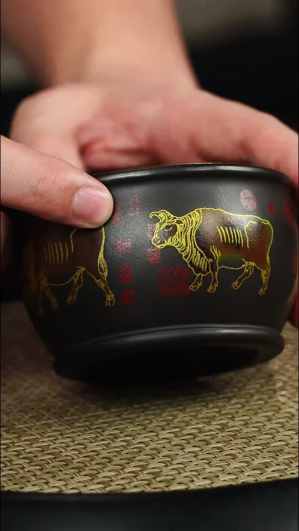 茶壶紫砂石黄 五牛杯