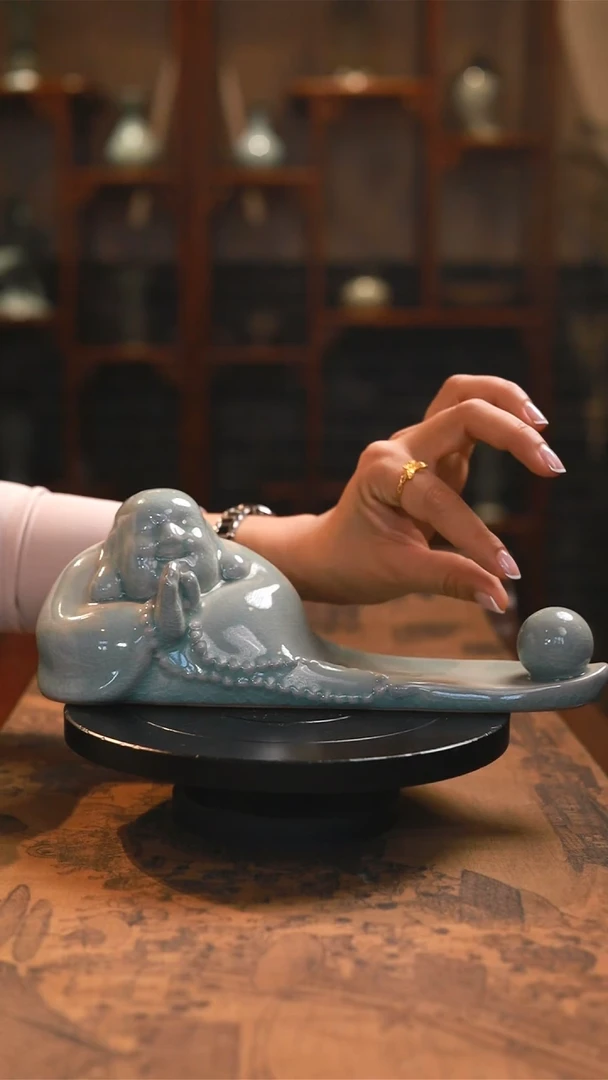 原矿青绿釉弥勒香插摆件