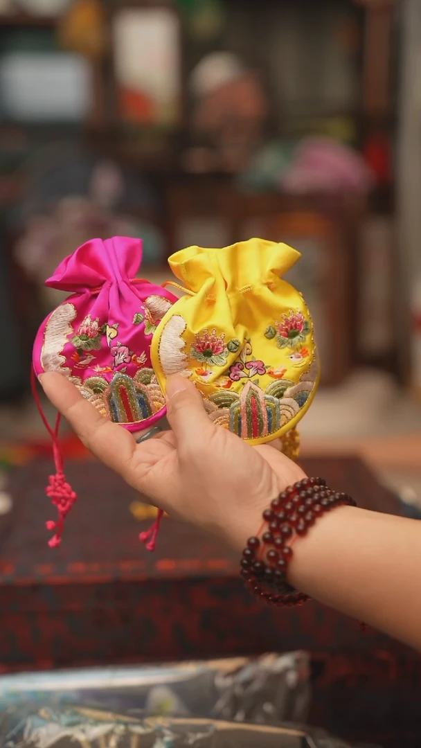 扇子海浪花锦囊 绣花吊坠非遗