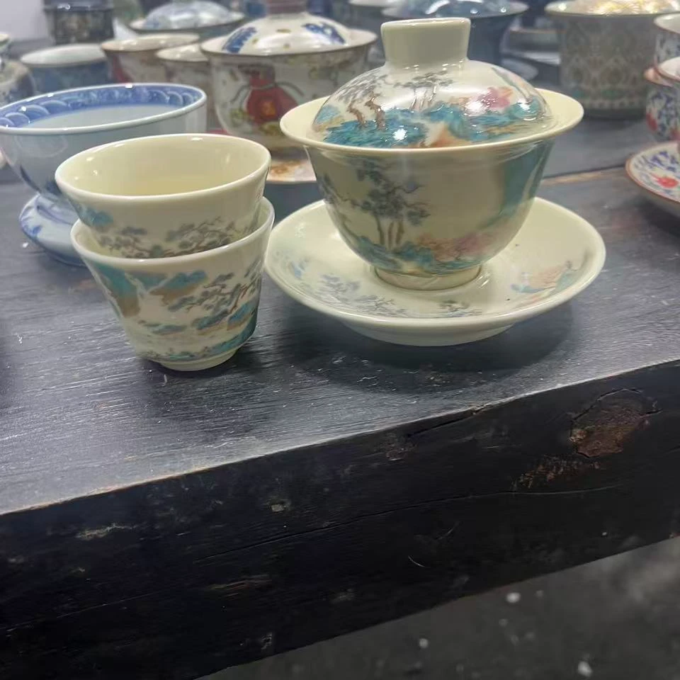 白瓷山茶花三才复古茶道盖碗茶具