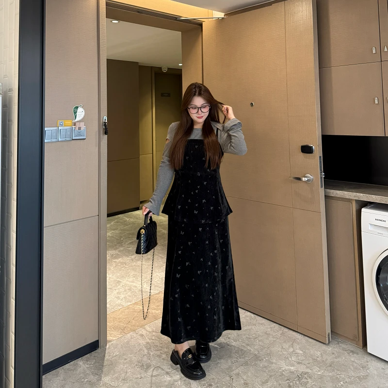 盈盈&南岛风大码女装加厚蝴蝶印花女冬季胖mm假两件连衣裙ZYY2658