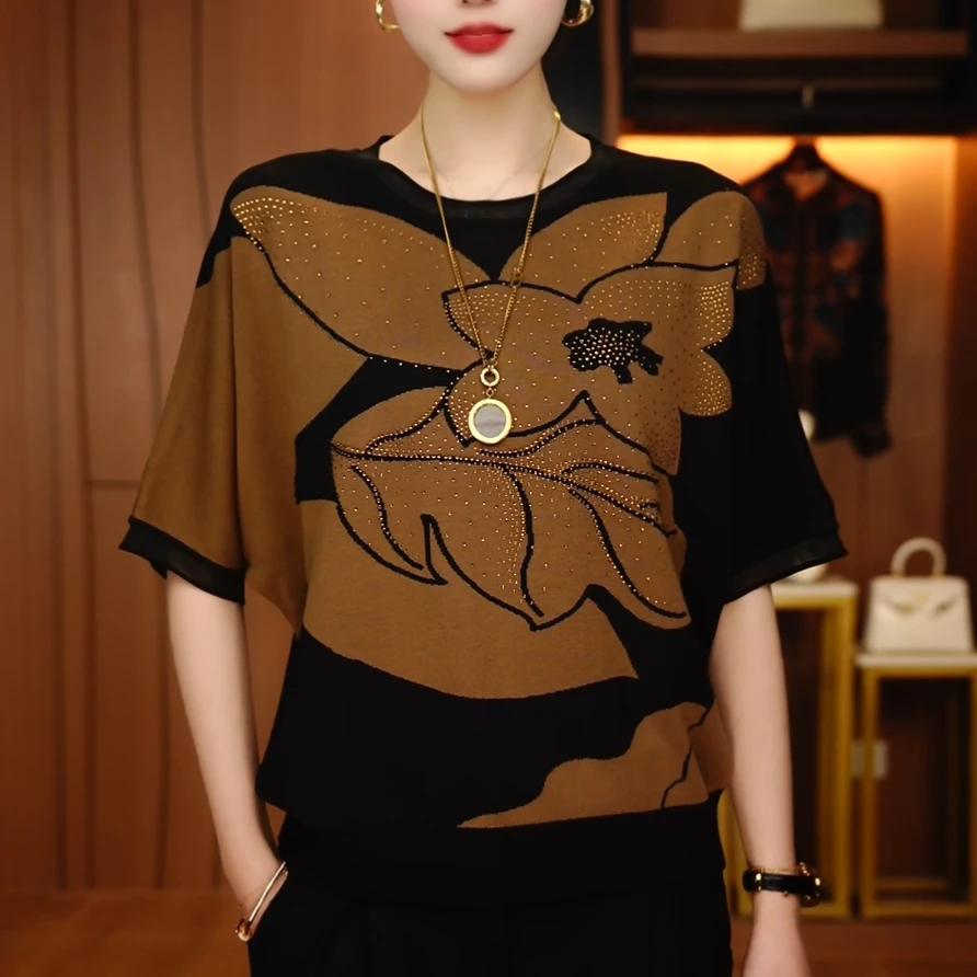 C250181-夏季短袖抗起球高端显瘦减龄洋气宽松女士气质时尚