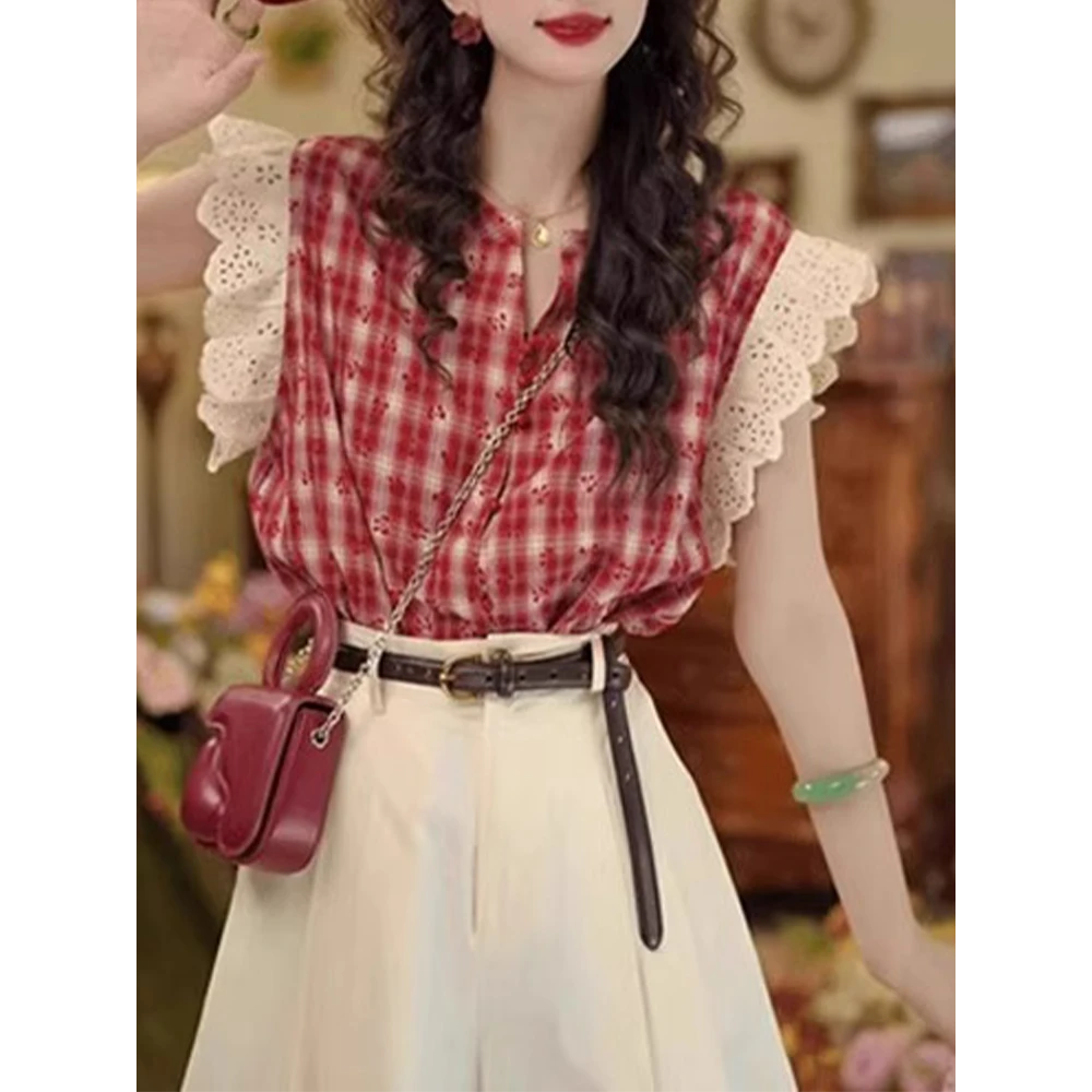 2025夏季爆款宽松显瘦百搭上衣港风复古格子飞飞袖衬衫套装女