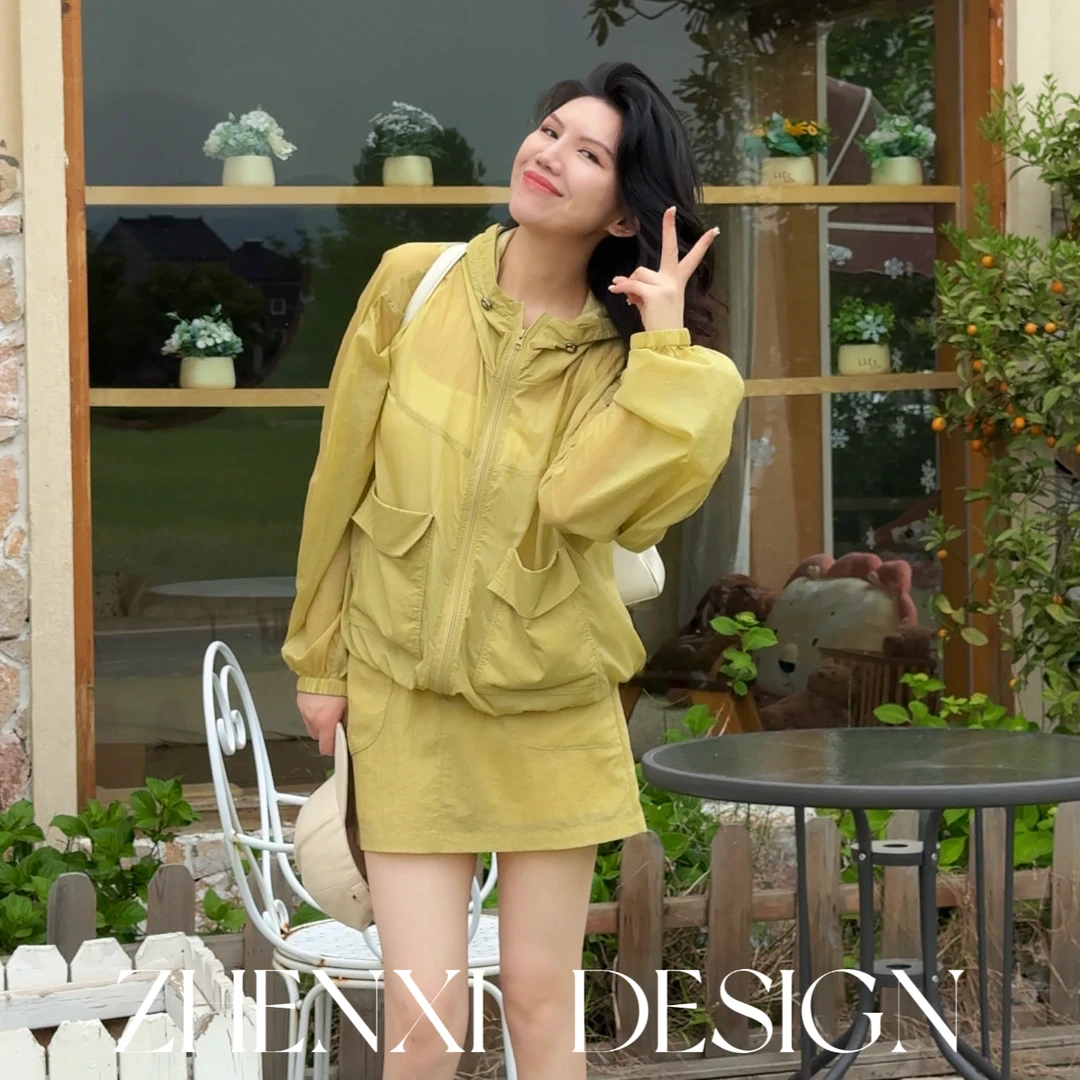 针西【芥末黄套装】高个子夏季防晒户外透气衬衫裙裤套装X60054