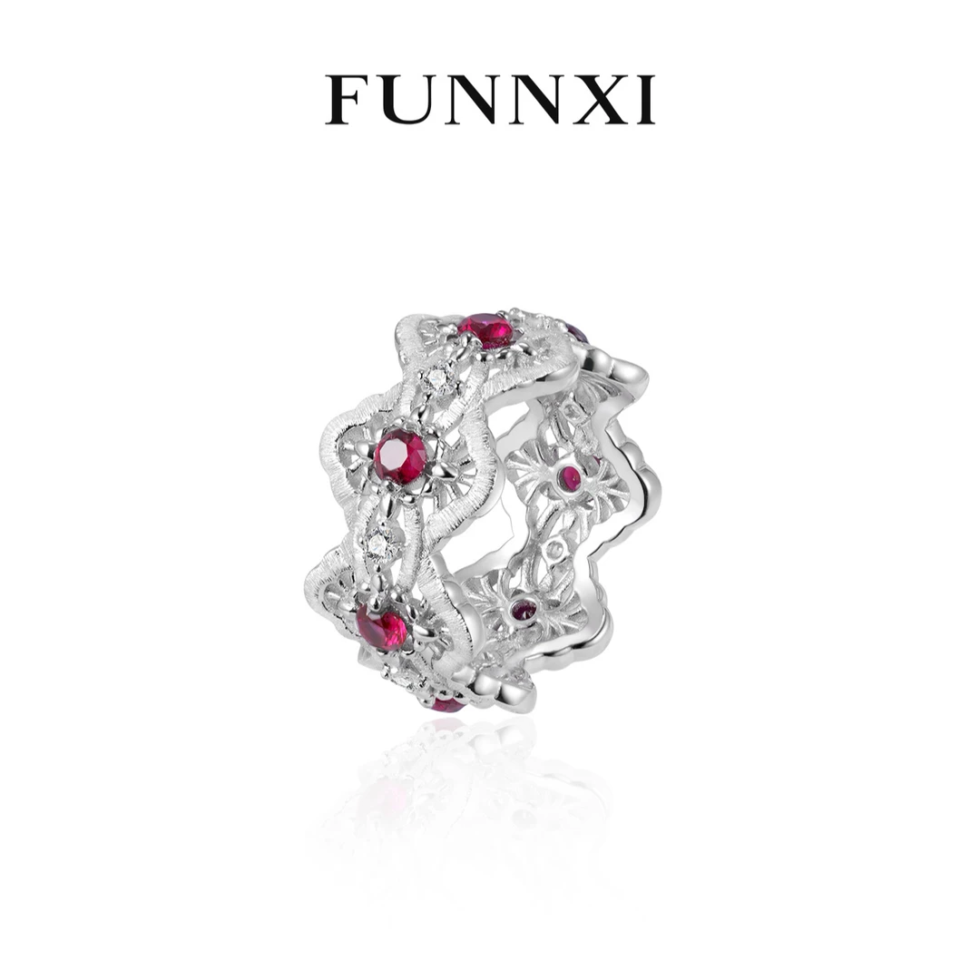 FUNNXI培育红宝石S925银戒指【致爱丽丝】 蕾丝宫廷气质高级小众款