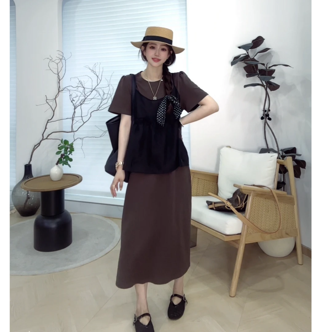 YX七LJT20250623新款咖色假两件体裙时尚休闲气质显瘦