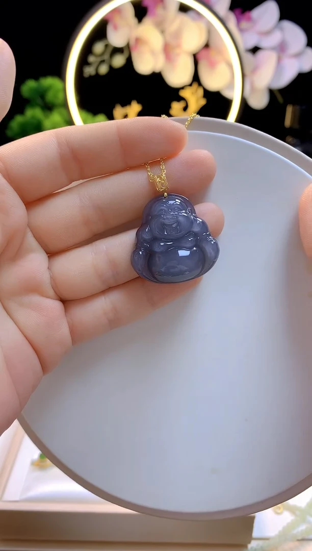 吊坠(赠链)18K金镶嵌和田玉烟紫弥勒佛