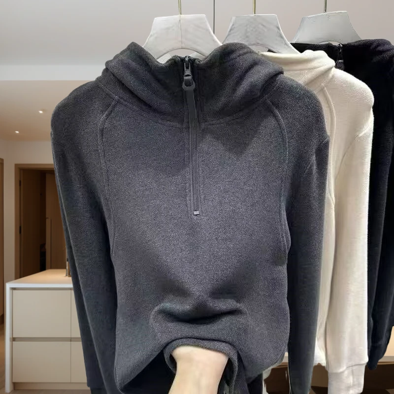念美琪秋冬百搭纯色德绒保暖打底上衣半拉链连帽时尚卫衣修身显瘦
