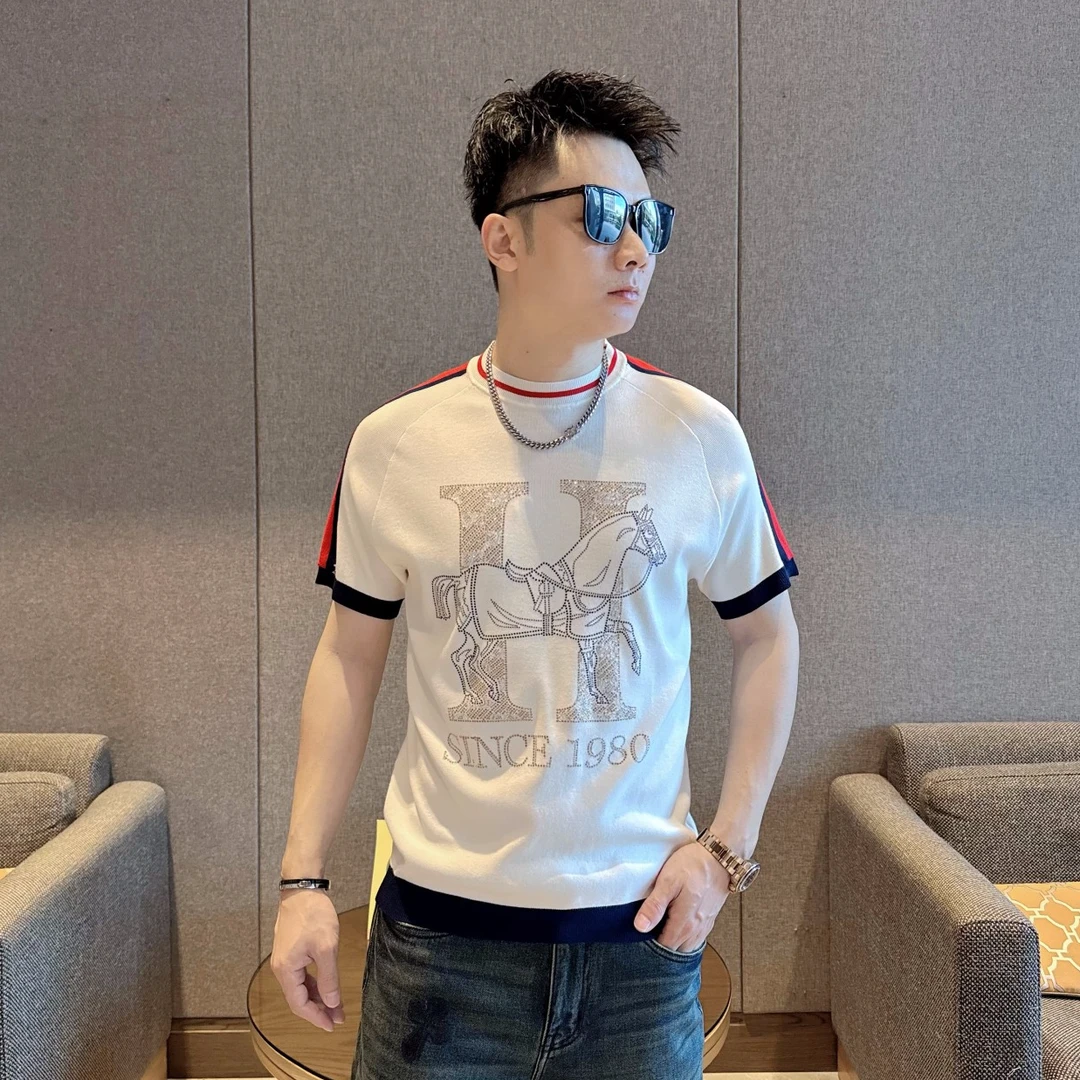 2025秋季男士修身型羊毛针织撞色短袖套头款欧货重工烫钻半袖百搭