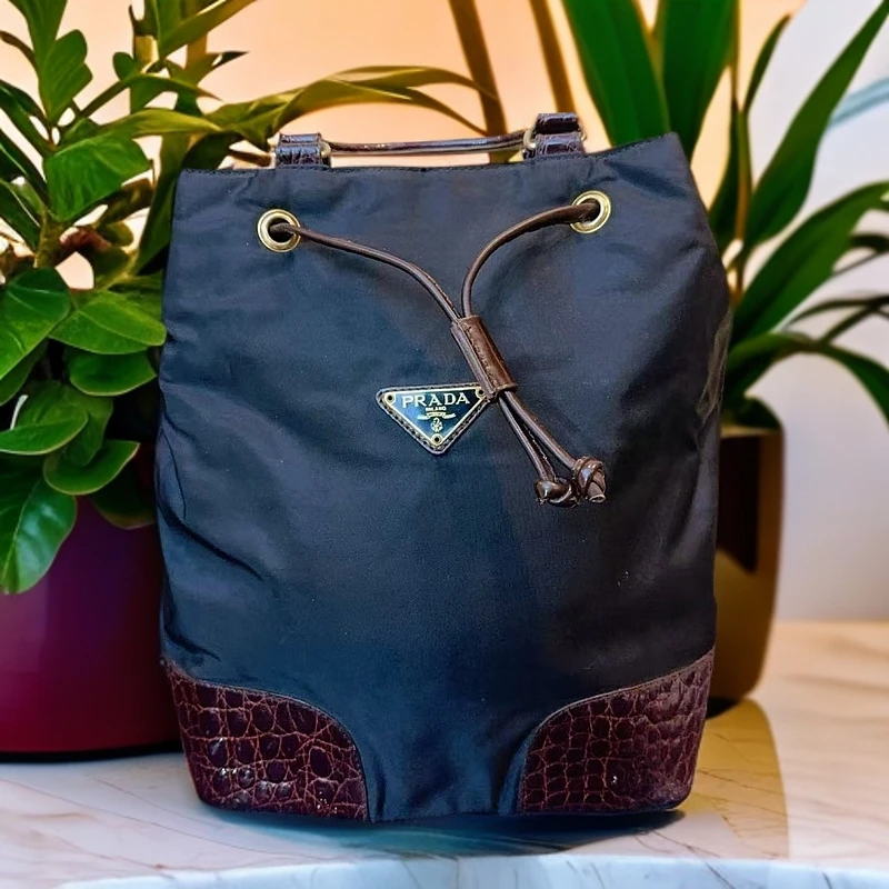 95新 Prada/普拉达 黑色拼棕皮手提包 1177 2558