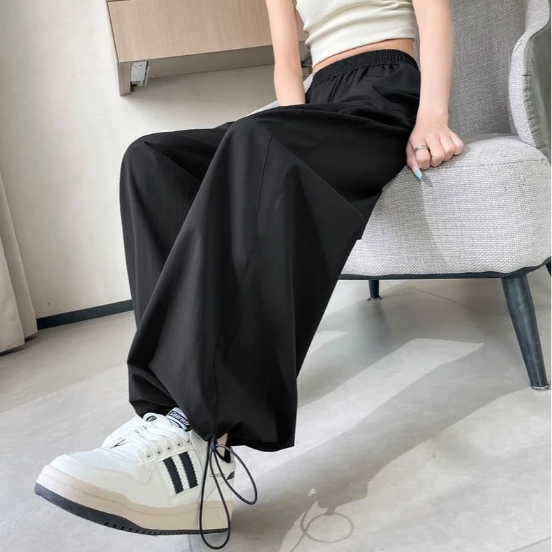 黑色加长冰丝速干休闲运动工装裤女高个子2025夏季薄款直筒阔腿