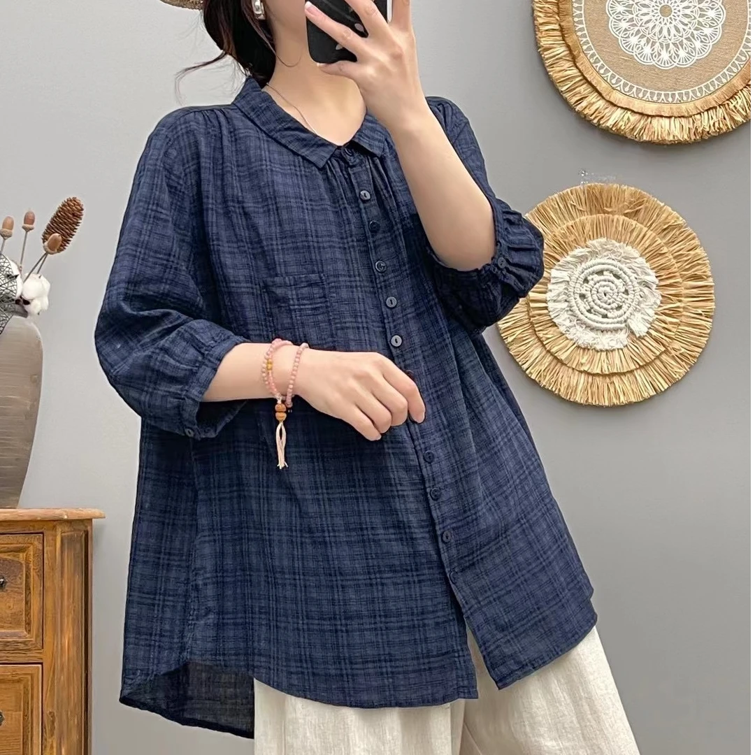 夏装复古文艺泡泡棉衬衫短袖衬衫女新款百搭宽松衬衣五分袖