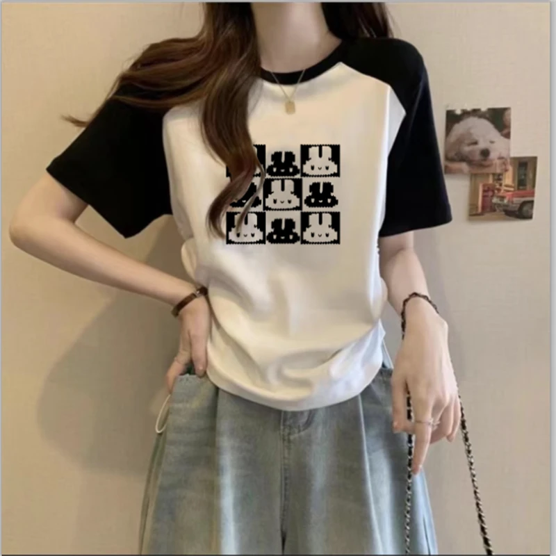 夏季修身显瘦时尚拼接抽绳百搭设计感t恤女