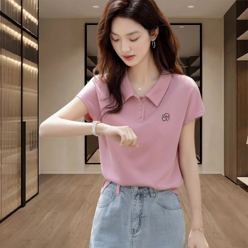 2025夏季新款女士时尚气质减龄翻领短袖T恤粉色时髦洋气绣花上衣