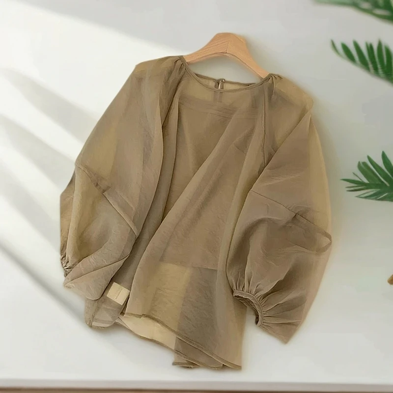 高级设计感韩系大东门纯色圆领灯笼袖雪纺衫夏季新款洋气两件套女