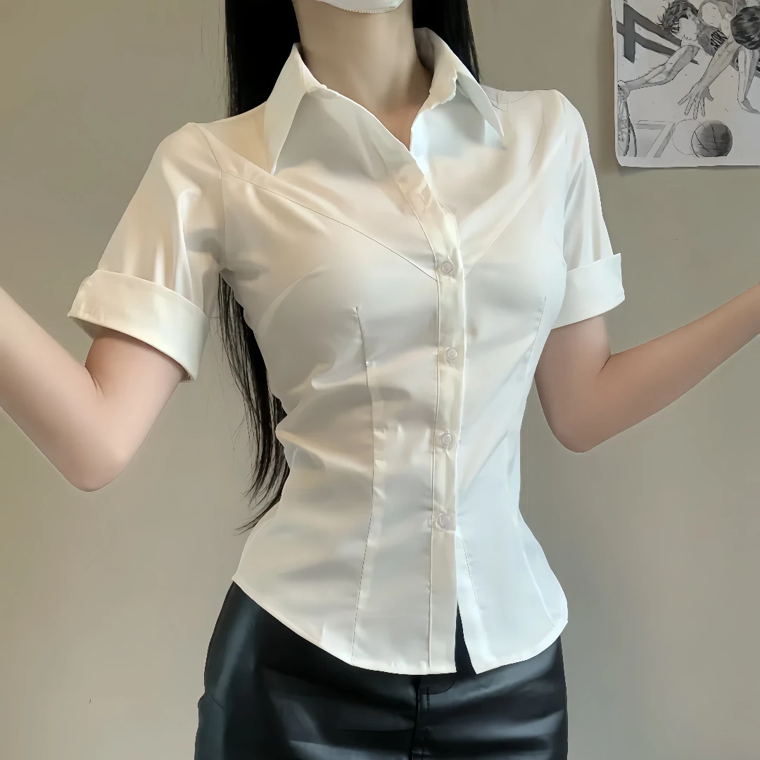 收腰显瘦短袖衬衫女款夏季薄款白色气质上衣洋气衣服新款外穿女装