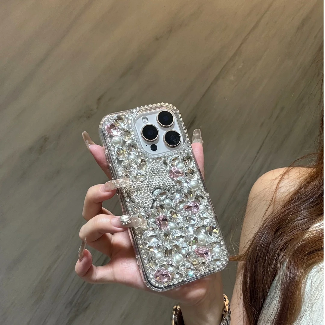 奢华满钻蝴蝶结珍珠适用于iPhone15爆闪16pro防摔16promax壳
