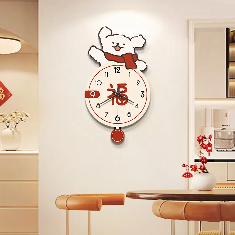线条小狗客厅挂钟装饰画奶油风福字餐厅钟表挂画新款创意时钟壁画
