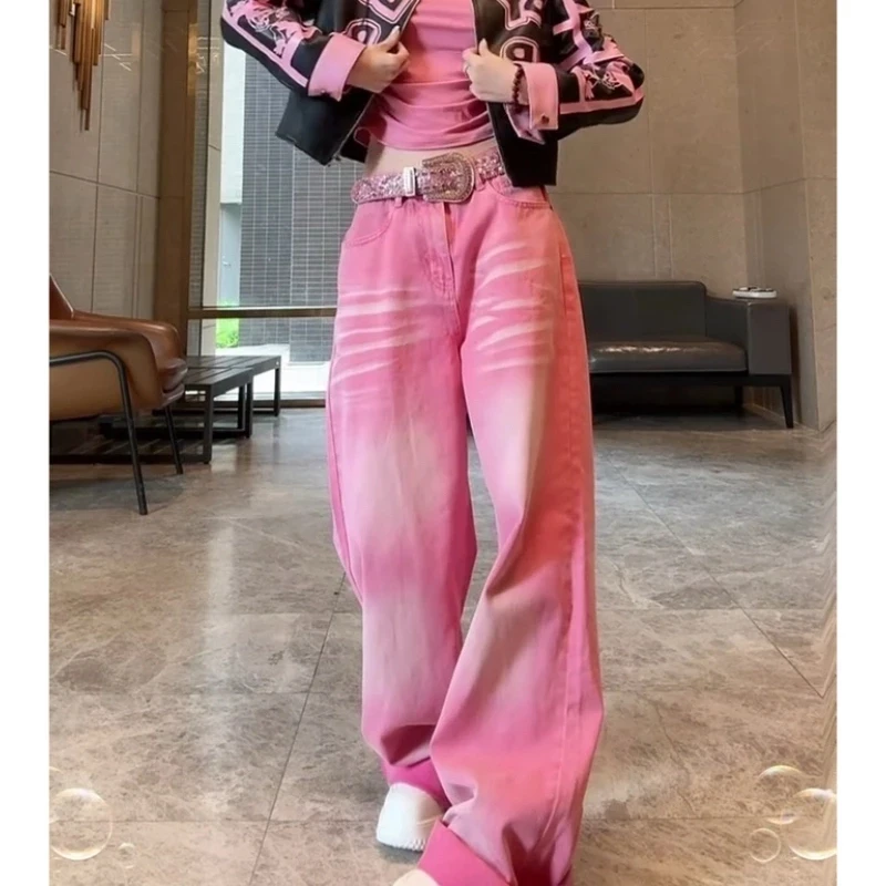 2025年新上款女士爆款高腰长款法式牛仔阔腿裤休闲宽松的粉色裤子