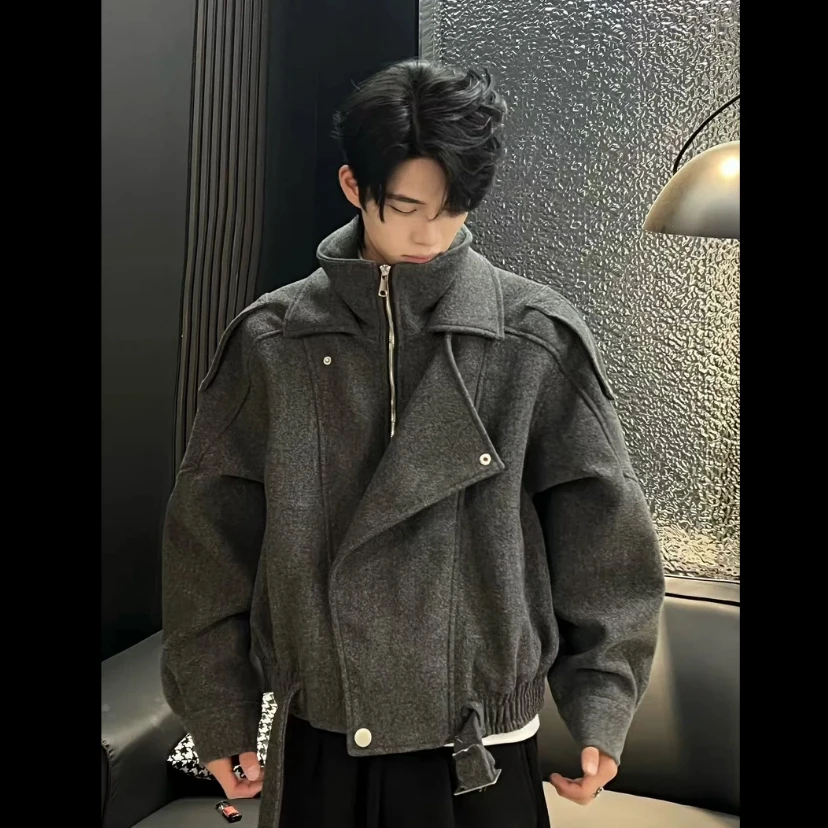[JIANGMOYAN]大衣外套男秋冬美式小众设计感百搭廓形夹克外套