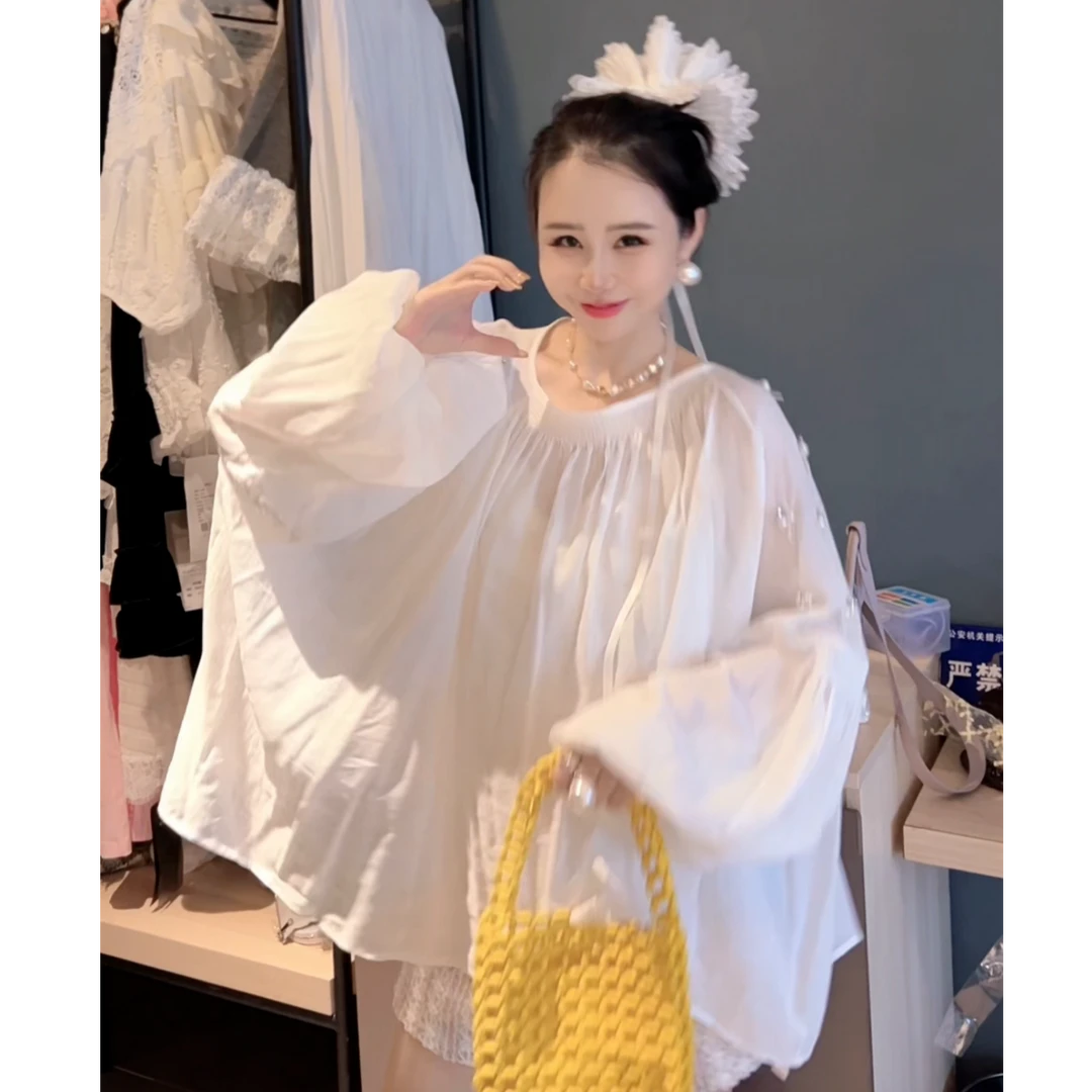 麻料宽松防晒衫大版衫女夏季重工钉珠薄款透气遮肉长袖灯笼衫