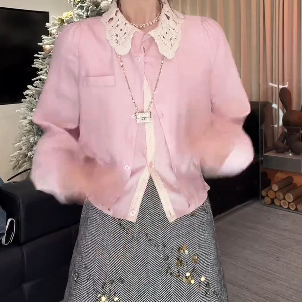 粉色短款长袖衬衫女2025春季新款韩版宽松洋气上衣高级感镂空衬衣