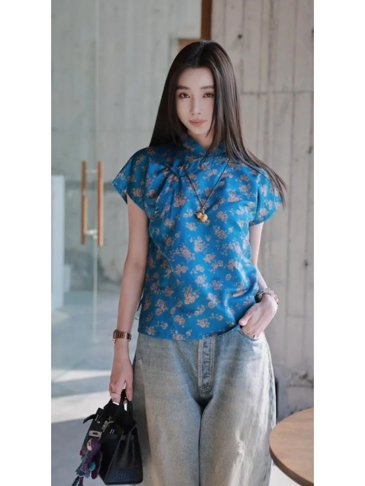 新中式国风蓝色印花T恤女2025夏季新款高端复古盘扣改良唐装衬衣