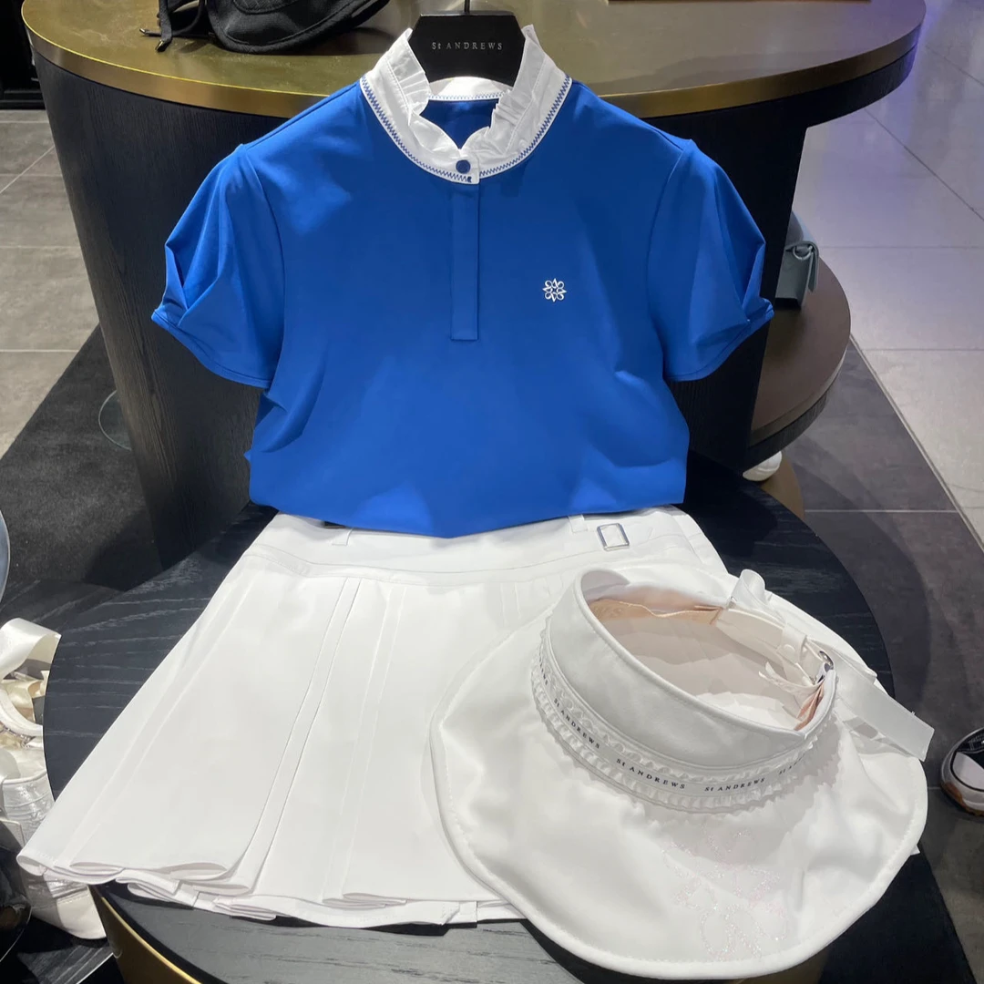 St*家新款女士高尔夫花边立领短袖上衣/韩式泡泡袖＋小落肩/显瘦