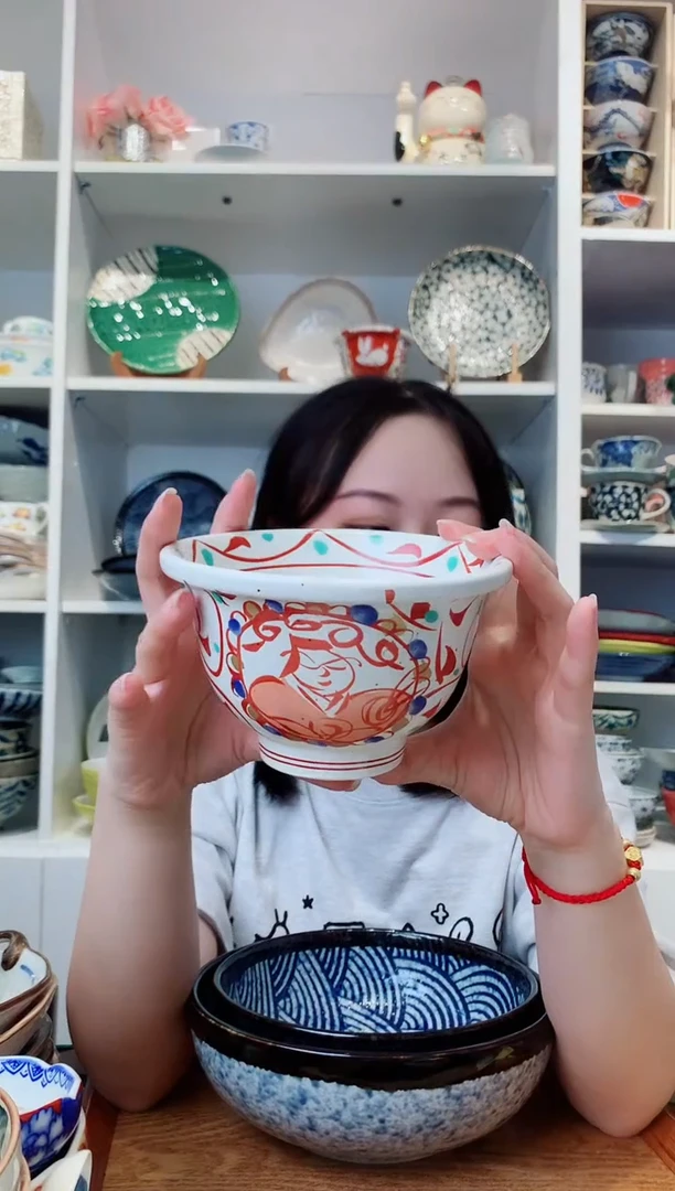 陶瓷濑户烧手绘赤绘人物米饭碗