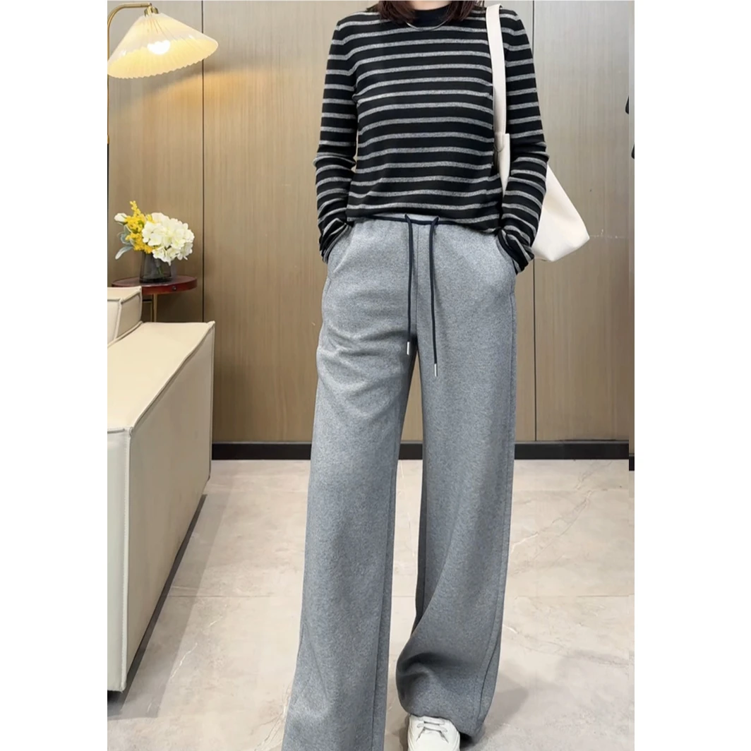 2025秋季爆款显瘦撞色阔腿裤女高腰抽绳休闲宽松运动风直筒卫裤女