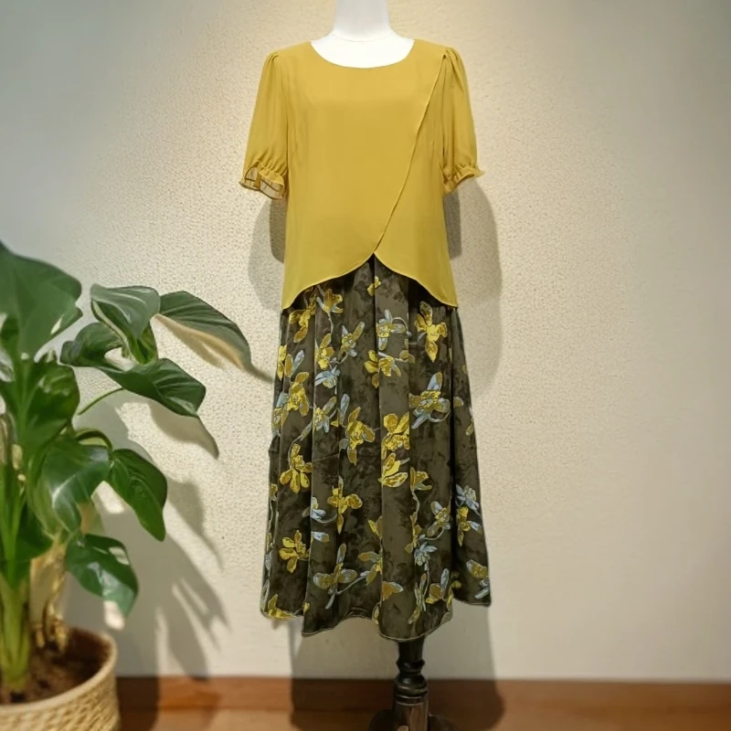 夏装圆领时尚印花休闲显瘦遮肉假两件连衣裙A010