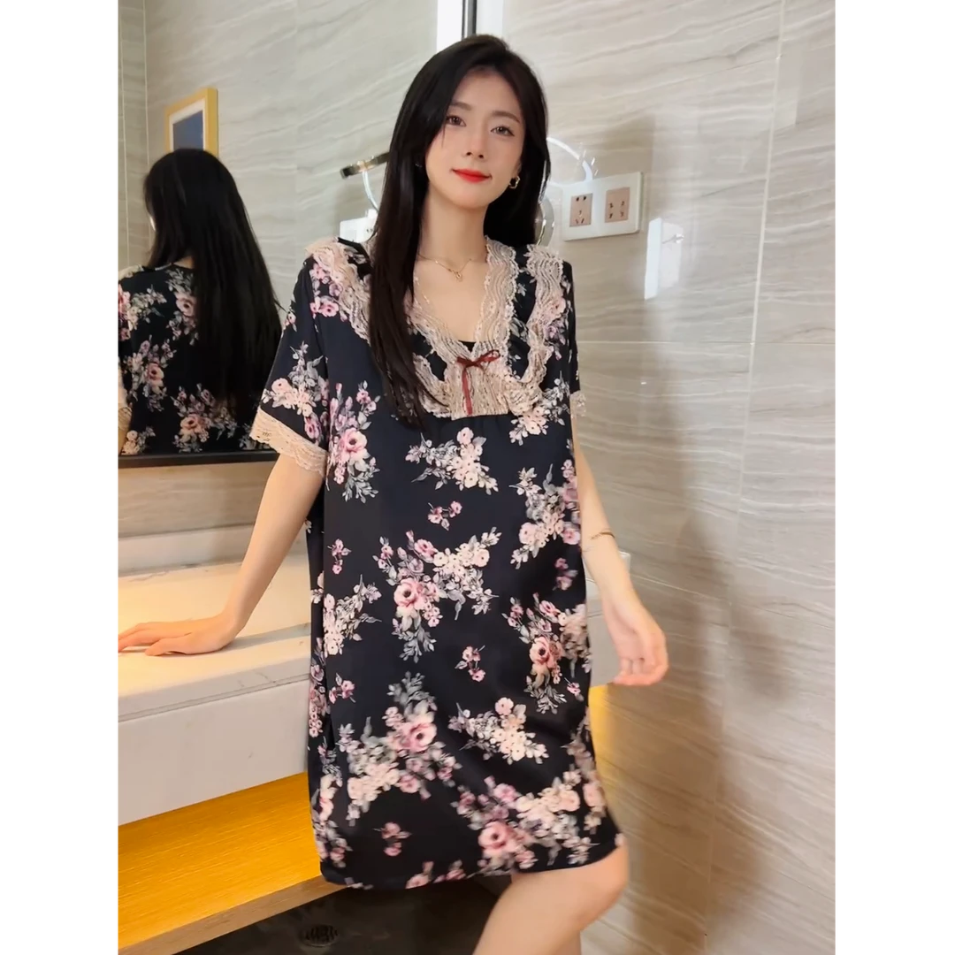 V领蕾丝通用睡裙夏天成人薄款中长款女士休闲长裙女