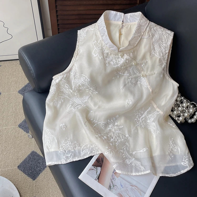 夏季2025年禅意改良汉服盘扣钉珠叠穿马甲国风仙鹤刺绣女立领背心