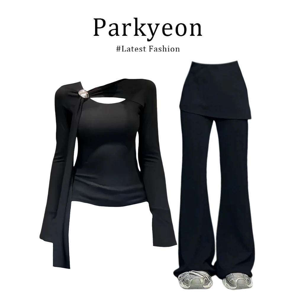 INS CEC不规则镂空飘带打底衫上衣女冬季加厚假两件微喇叭裤套装