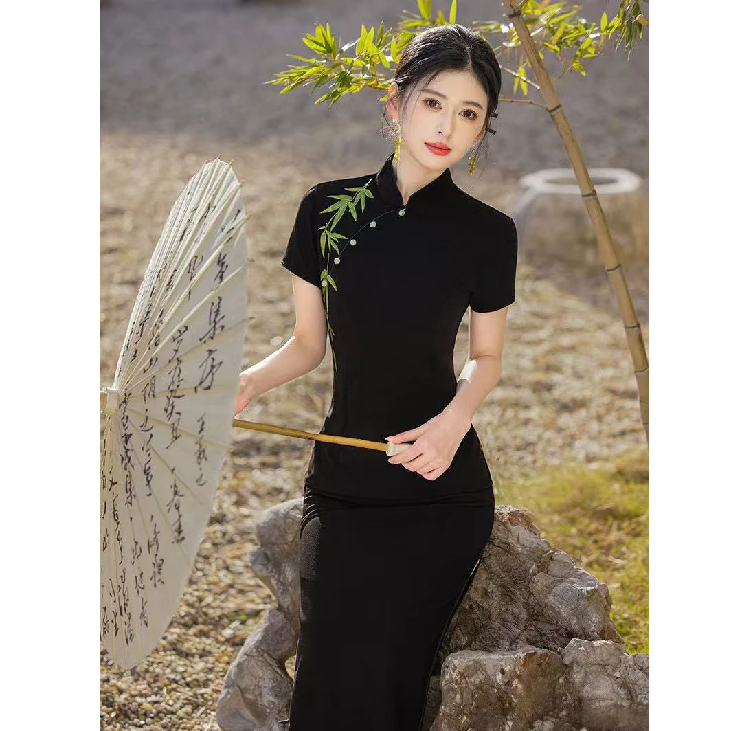 青未了【绿竹】25夏季新款真珠纱单层短袖粘烫国风改良旗袍 衣长120