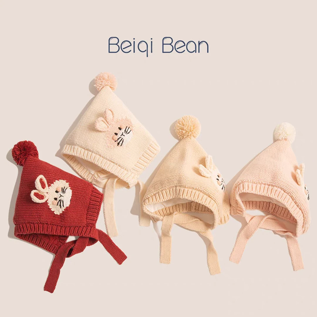 宝宝帽子秋冬可爱卡通兔子针织帽男童女童户外保暖毛线加厚护耳帽