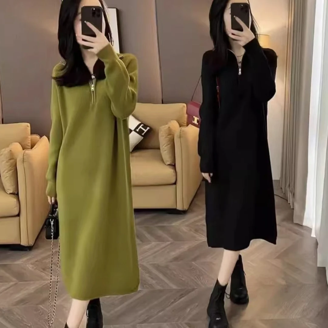 秋冬新款配大衣内搭拉链针织连衣裙女小个子气质穿搭显瘦毛衣裙子