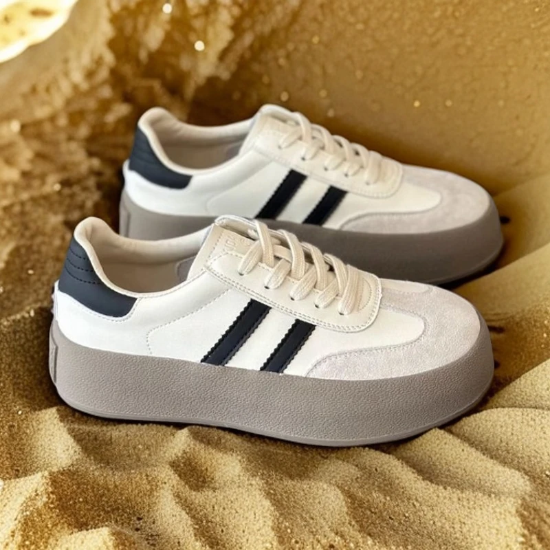 百搭休闲秋季圆头系带超细帮面布厚底增高德训鞋透气跑步鞋运动