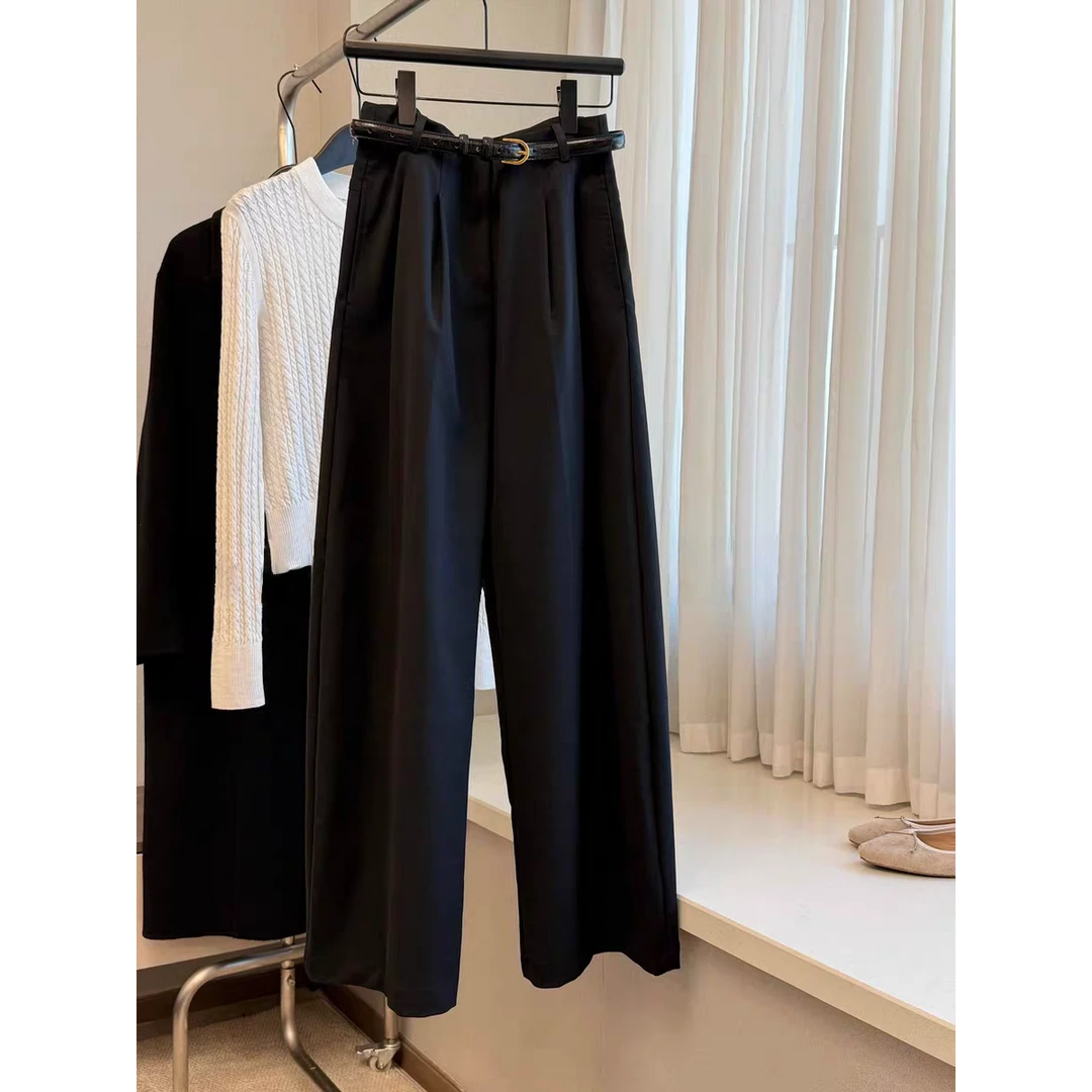 巨显大长腿~黑色直筒西装裤女秋季休闲裤小众设计褶锏弧形弯刀裤