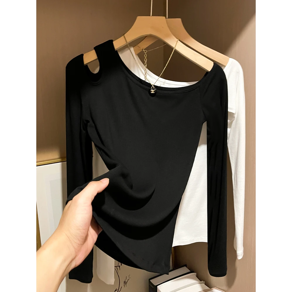 2025新款春秋季长袖打底衫女黑色斜肩镂空设计感休闲修身T恤上衣