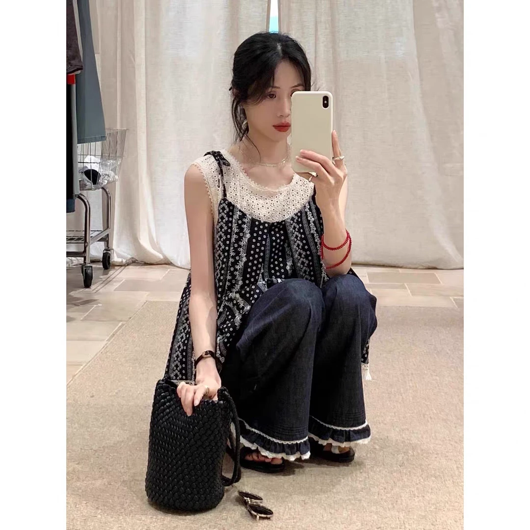 【波西米亚】假两件拼接小衫新款时尚镂空重工假两件吊带碎花背心