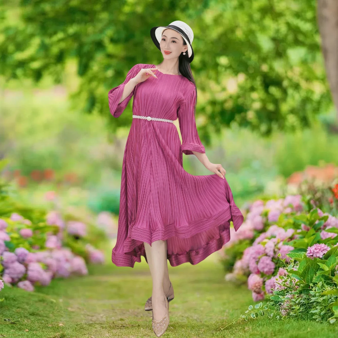 017【语桐穿搭】连衣裙高级感五分袖宽松系带不规则气质优雅连衣裙