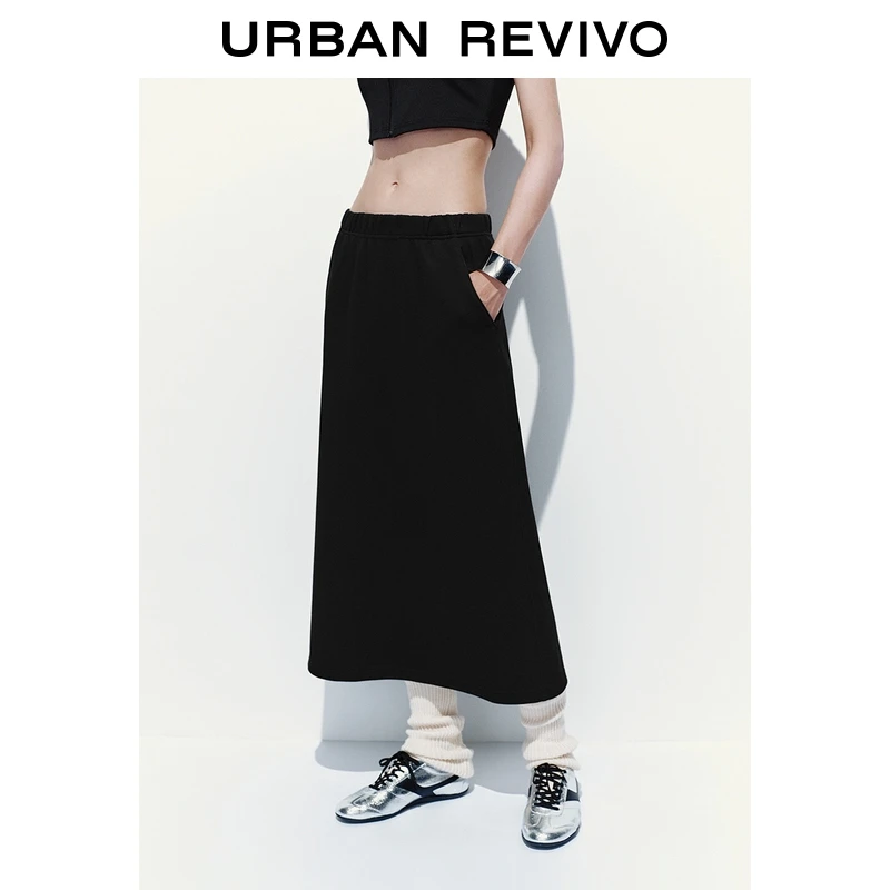 UR2025冬季新款女装简约日常通勤松紧腰后开衩半裙UYB550001