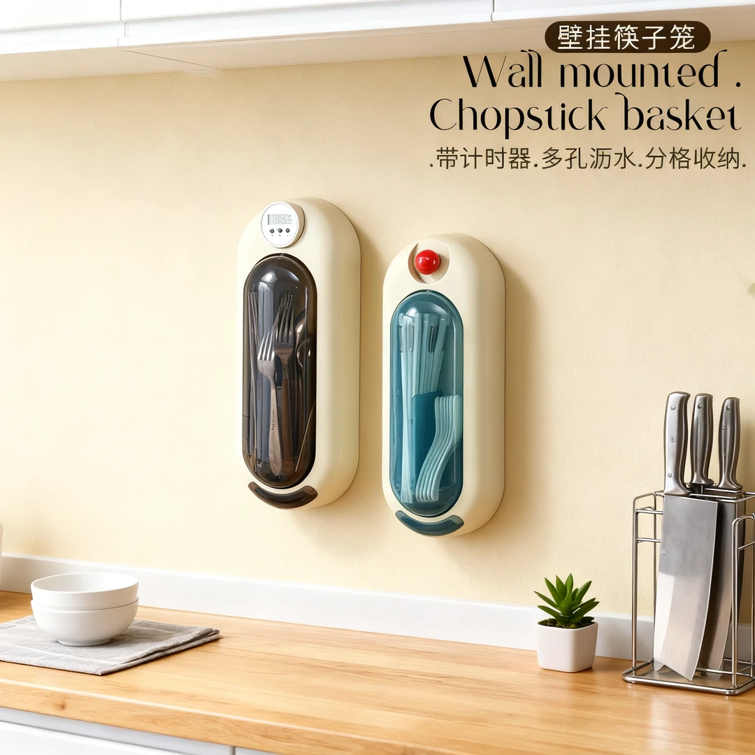 计时筷子收纳盒旋转筷子筒壁挂家用厨房防尘带盖餐具勺子置物架